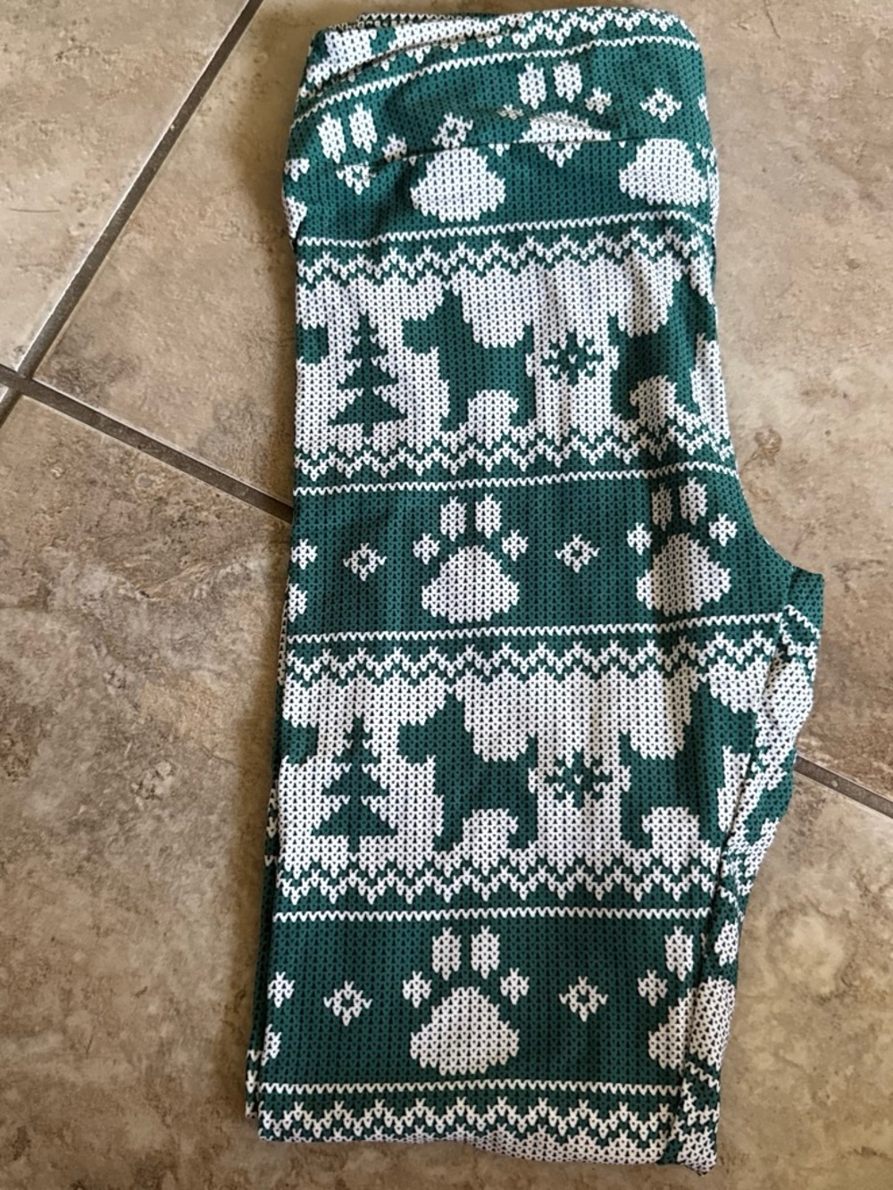 LuLaRoe Green and White Holiday Paw Print Leggings, One Size fits most